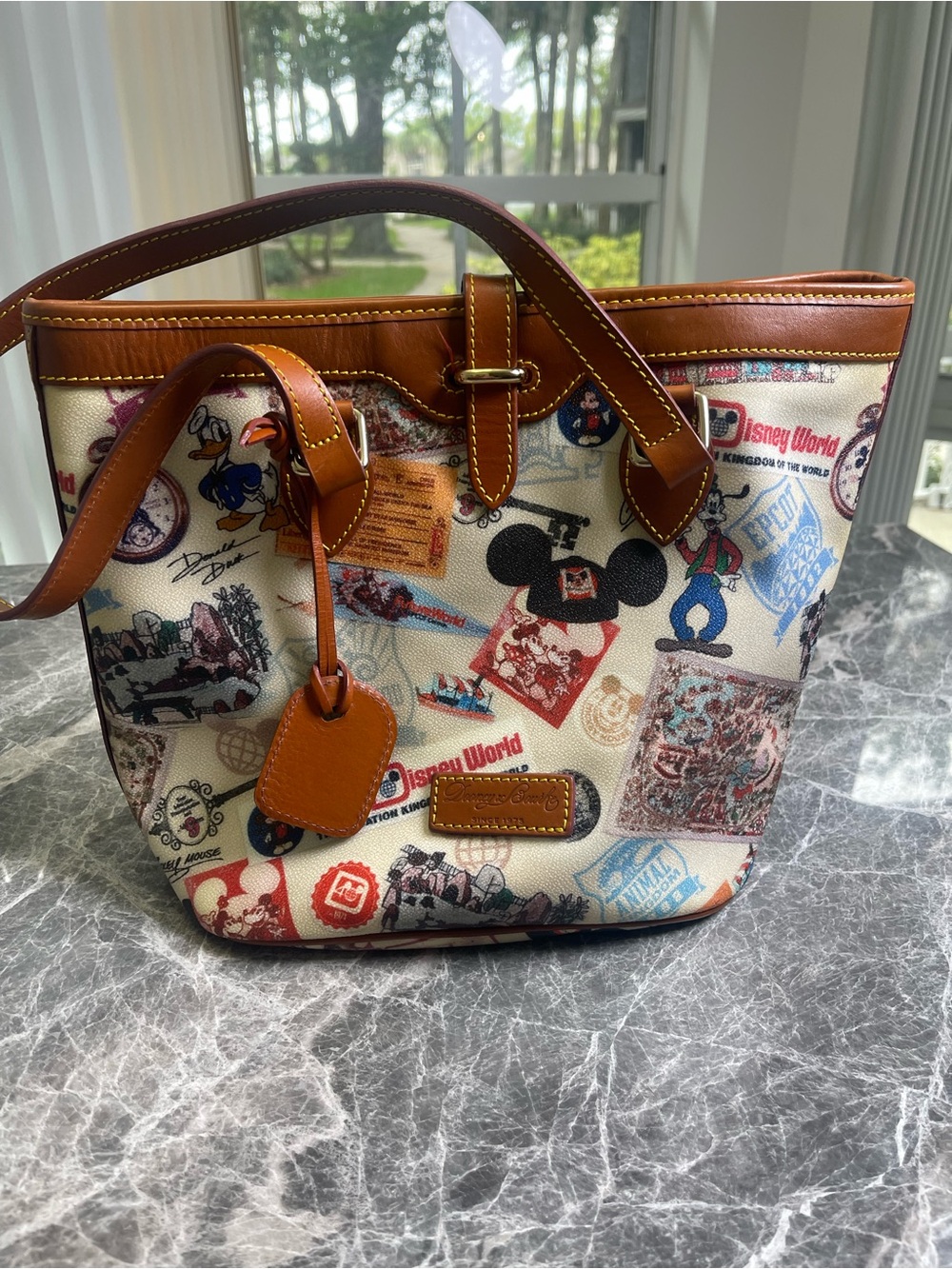 Dooney & Bourke Cream Patchwork Disney Canvas Tote with Brown Trim